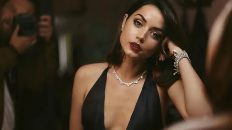 Ana de Armas wearing an elegant black evening gown and diamond jewelry in a No Time to Die inspired Ultra HD wallpaper