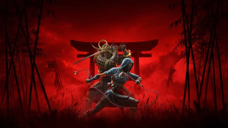 Assassin's Creed Shadows wallpaper featuring Yasuke and Naoe fighting before a crimson torii gate in feudal Japan