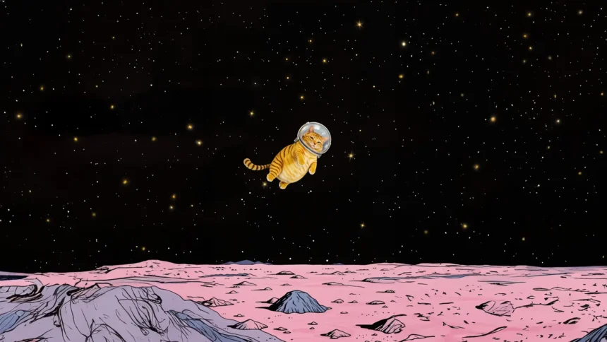 Cute orange astronaut cat floating through space above a colorful moon landscape in Ultra HD wallpaper