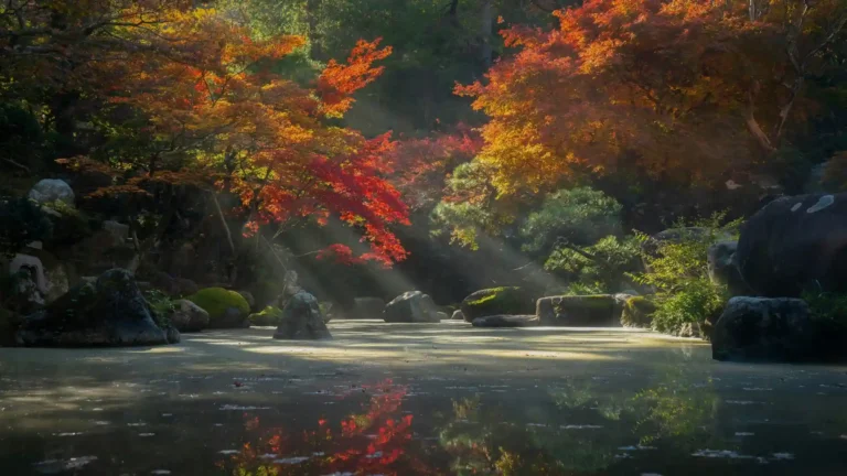 Peaceful Japanese garden with colorful autumn maple trees, sun rays, and reflective pond in Ultra HD wallpaper