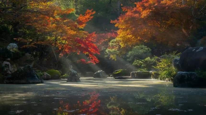 Peaceful Japanese garden with colorful autumn maple trees, sun rays, and reflective pond in Ultra HD wallpaper