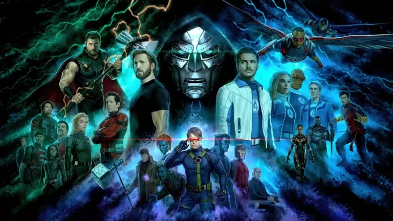 Avengers Doomsday Marvel poster featuring Doctor Doom, Avengers, Fantastic Four, X-Men, and Marvel superheroes UHD wallpaper