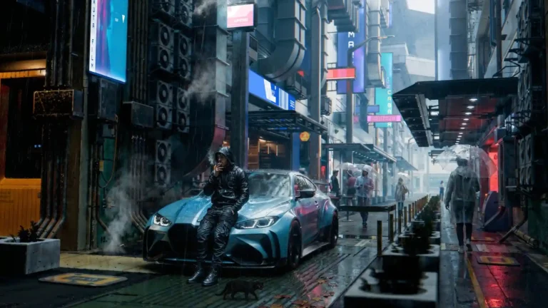 BMW M4 parked on a rainy cyberpunk city street surrounded by neon lights in Ultra HD wallpaper