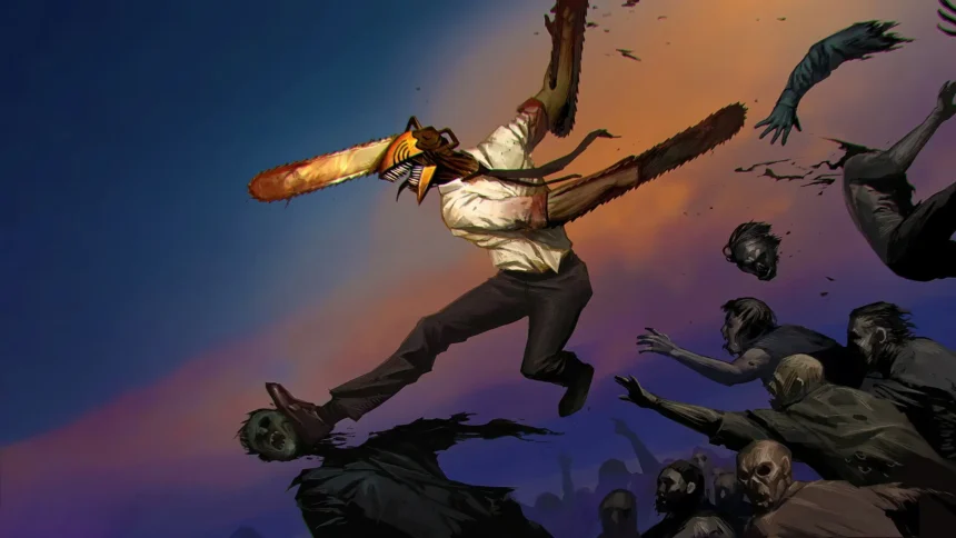Chainsaw Man Denji fighting devils with chainsaw blades during an intense anime battle UHD wallpaper