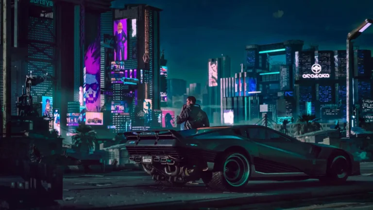 Cyberpunk 2077 Night City skyline with neon skyscrapers, futuristic supercar, and glowing cyberpunk atmosphere UHD wallpaper