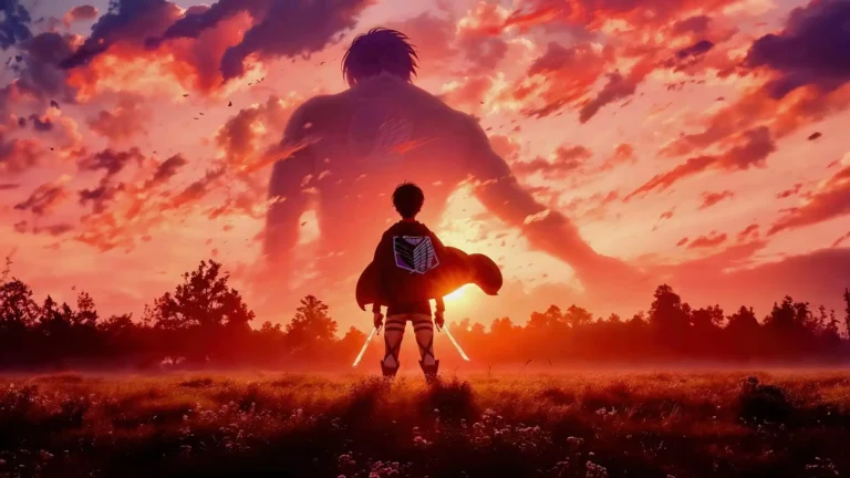 Eren Yeager standing beneath the towering Attack Titan at sunset UHD wallpaper