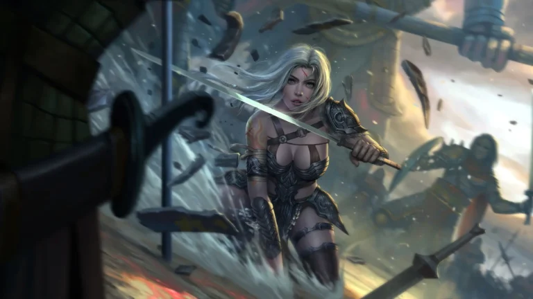Fantasy girl warrior charging into battle with sword and medieval armor UHD wallpaper