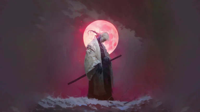 Fantasy samurai holding a katana beneath a glowing crimson moon in a snowy landscape Ultra HD wallpaper