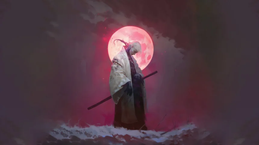 Fantasy samurai holding a katana beneath a glowing crimson moon in a snowy landscape Ultra HD wallpaper