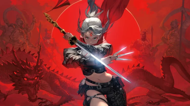 Fantasy warrior girl wielding swords against dragons and ancient guardians UHD wallpaper
