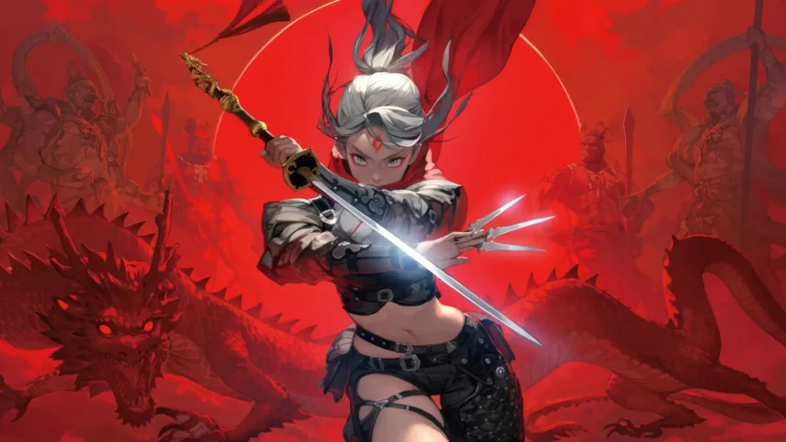 Fantasy warrior girl wielding swords against dragons and ancient guardians UHD wallpaper