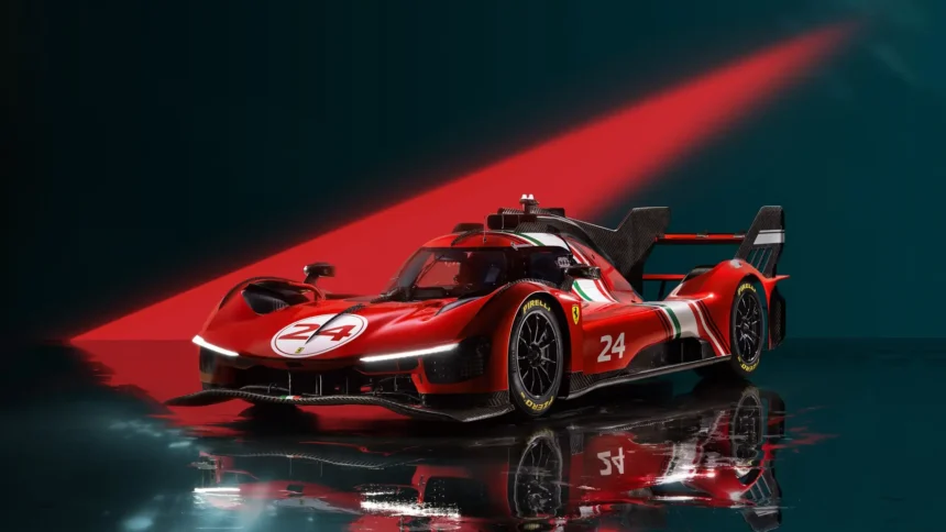 Ferrari 499P Modificata hypercar in red racing livery with dramatic studio lighting in Ultra HD wallpaper