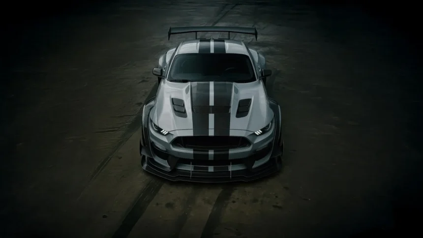 Ford Mustang Shelby GT500 Widebody with carbon fiber hood, racing stripes, and aggressive front view UHD wallpaper