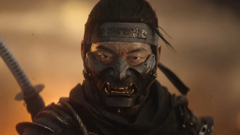 Ghost of Tsushima Jin Sakai wearing an Oni mask and samurai armor in a cinematic battle scene UHD wallpaper