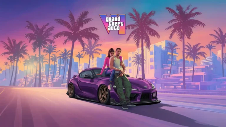 GTA VI duo posing with a custom purple Toyota Supra in a Vice City sunset UHD wallpaper