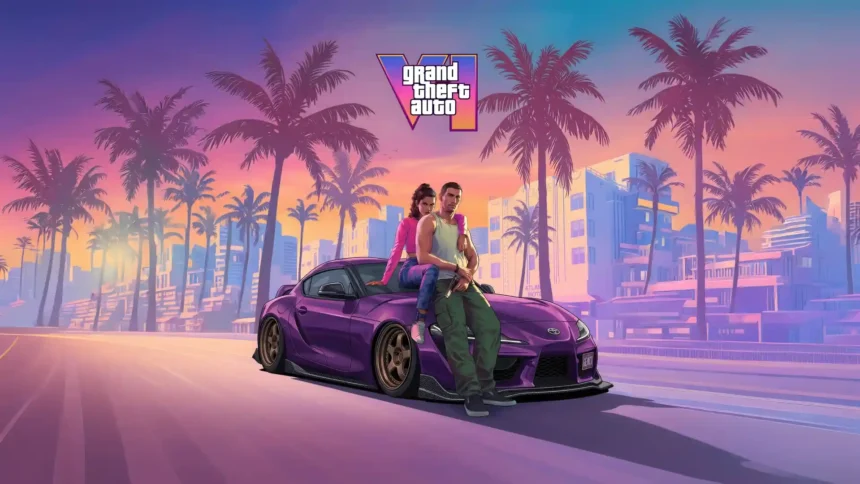 GTA VI duo posing with a custom purple Toyota Supra in a Vice City sunset UHD wallpaper