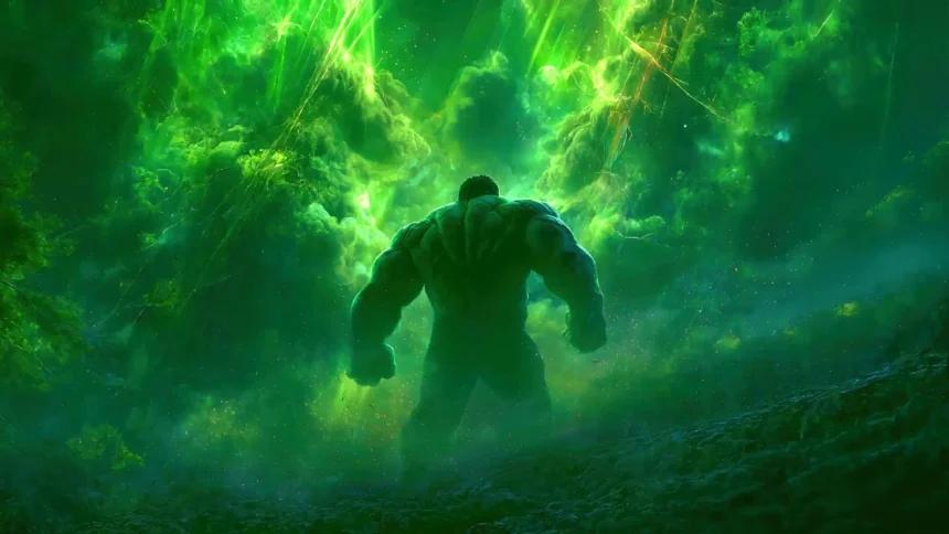 Hulk surrounded by glowing green gamma energy and lightning in a dramatic Marvel Ultra HD wallpaper