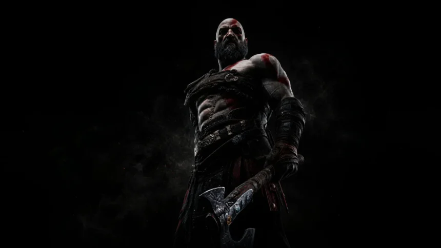 Kratos standing in darkness holding the Leviathan Axe in God of War UHD wallpaper