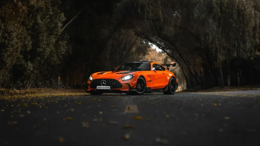 Orange Mercedes-AMG GT R parked on a forest road surrounded by trees UHD wallpaper