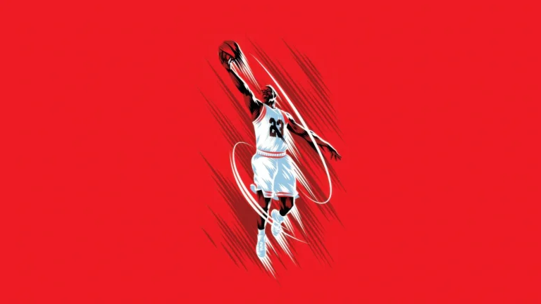 Michael Jordan performing an iconic slam dunk in minimalist red artwork UHD wallpaper
