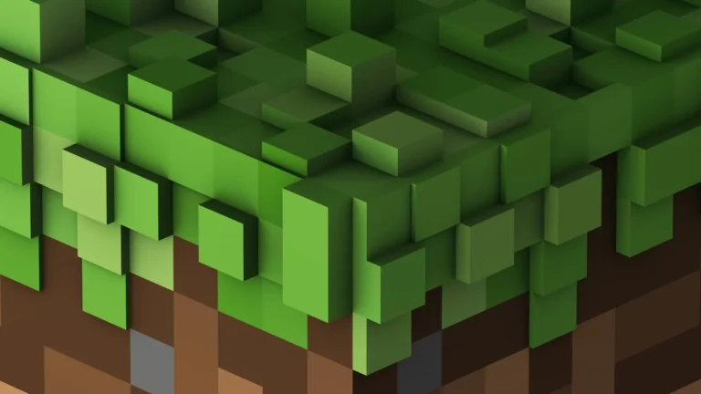 Abstract Minecraft grass block with layered voxel cubes in vibrant green UHD wallpaper