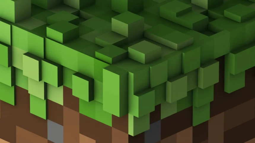 Abstract Minecraft grass block with layered voxel cubes in vibrant green UHD wallpaper