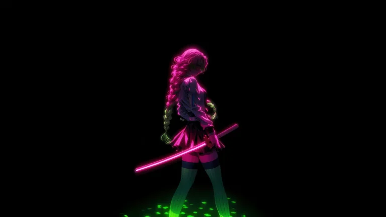 Mitsuri Kanroji holding a glowing neon pink katana against a black background in Ultra HD wallpaper