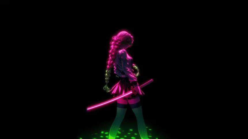 Mitsuri Kanroji holding a glowing neon pink katana against a black background in Ultra HD wallpaper