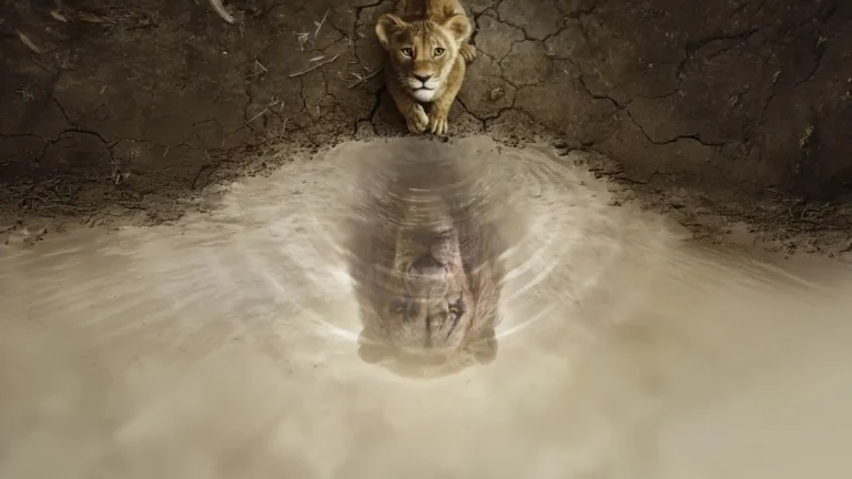 Young lion cub looking into water reflecting Mufasa in The Lion King UHD wallpaper