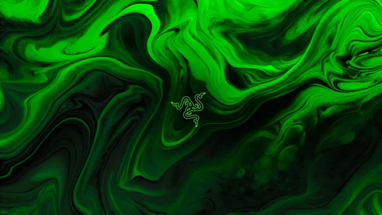 Razer green abstract fluid waves with neon gaming aesthetic and minimalist logo UHD wallpaper