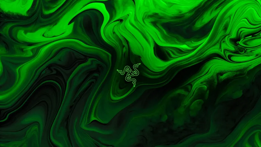 Razer green abstract fluid waves with neon gaming aesthetic and minimalist logo UHD wallpaper