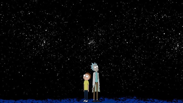 Rick and Morty standing beneath a star-filled galaxy night sky UHD wallpaper