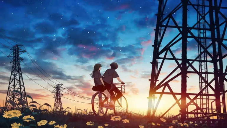 Romantic anime couple riding a bicycle beneath a colorful sunset sky in a peaceful countryside UHD wallpaper