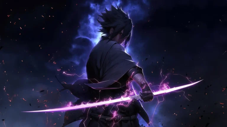 Sasuke Uchiha wielding a lightning-infused katana surrounded by purple chakra energy in Naruto Shippuden UHD wallpaper