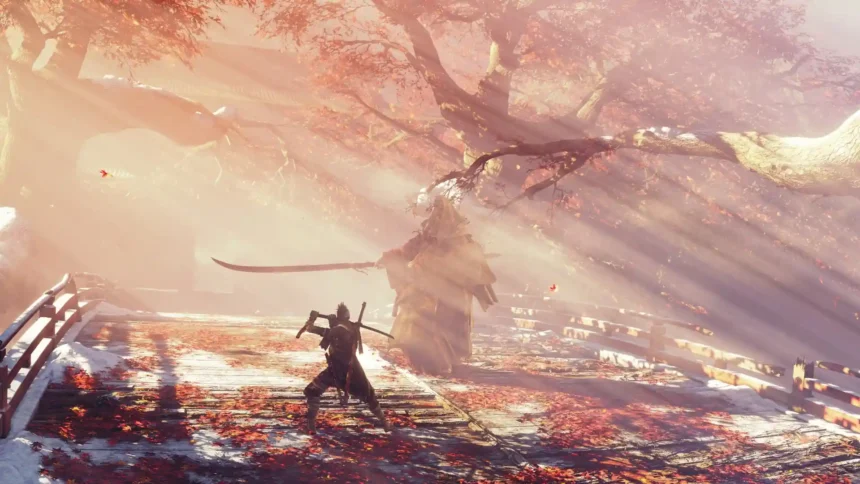 Sekiro Wolf battling a legendary boss beneath autumn maple trees UHD wallpaper