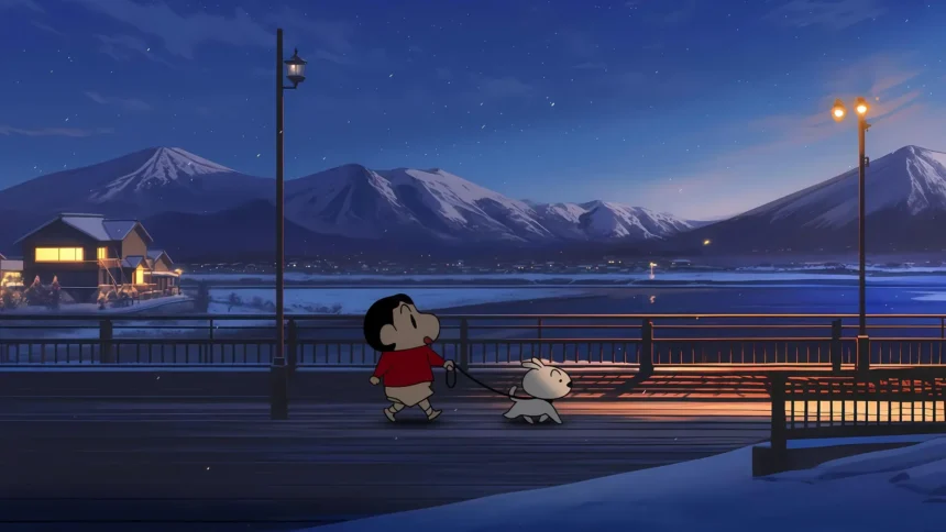 Shin Chan and Shiro walking beside a snowy lakeside under a starry winter night with mountains in the background UHD wallpaper