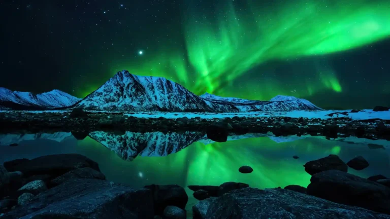 Snow-covered mountains beneath vibrant green Northern Lights reflecting in calm Arctic water UHD wallpaper