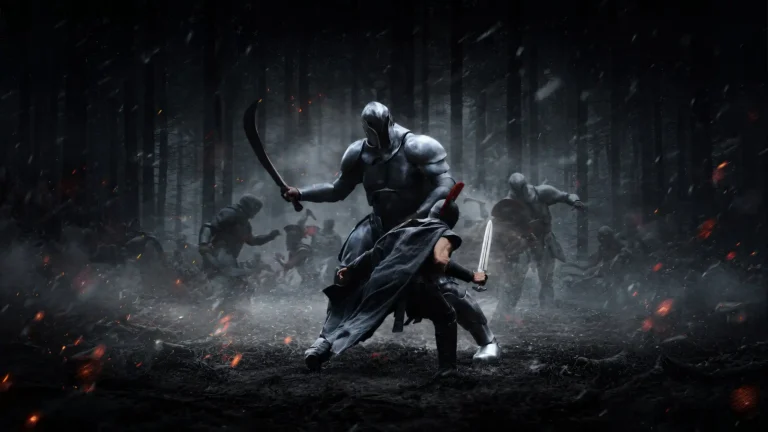 A lone warrior battling a towering armored giant in a dark fantasy forest UHD wallpaper