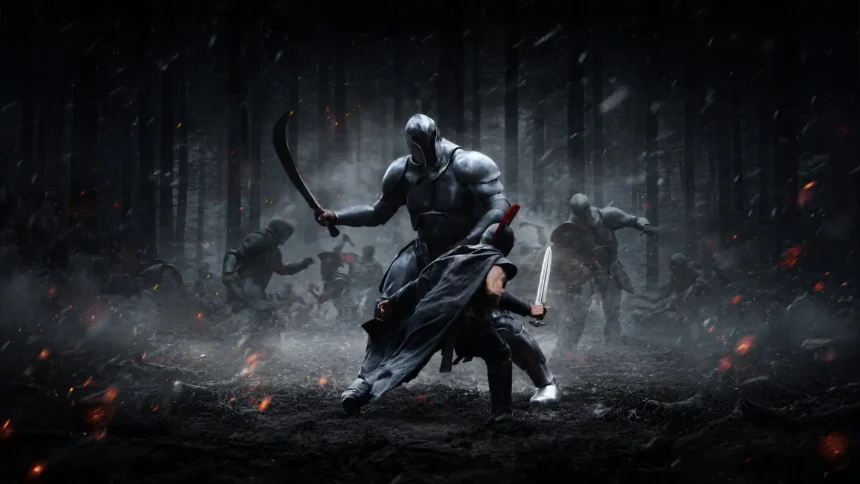 A lone warrior battling a towering armored giant in a dark fantasy forest UHD wallpaper