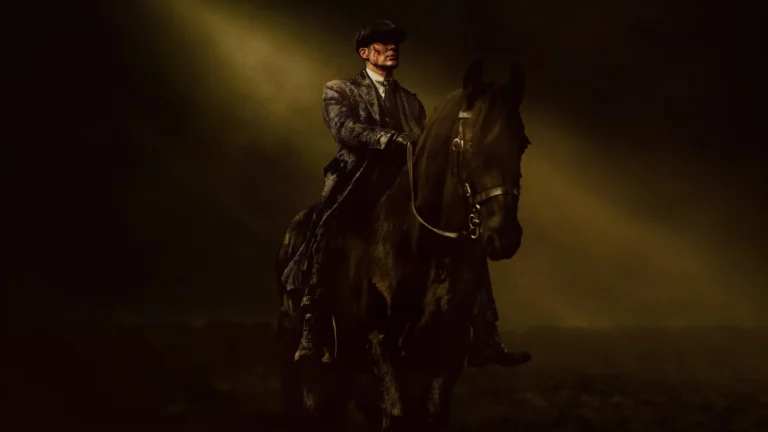 Thomas Shelby riding a black horse in a dark cinematic Peaky Blinders scene UHD wallpaper