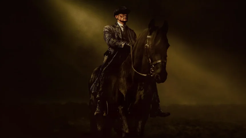 Thomas Shelby riding a black horse in a dark cinematic Peaky Blinders scene UHD wallpaper