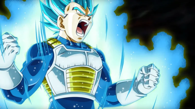 Vegeta Super Saiyan Blue transformation surrounded by a glowing blue aura in Dragon Ball Ultra HD wallpaper