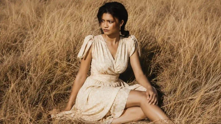 Zendaya sitting in a golden grass field during an elegant nature photoshoot UHD wallpaper