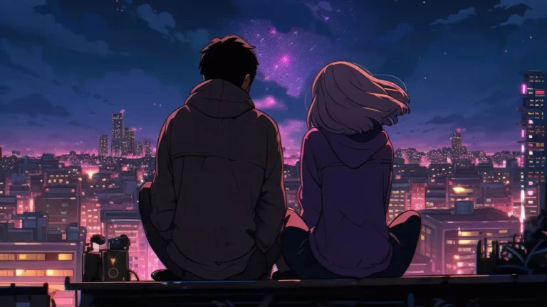 Anime couple sitting together overlooking a glowing neon city at night with pink lights and a starry purple sky wallpaper.