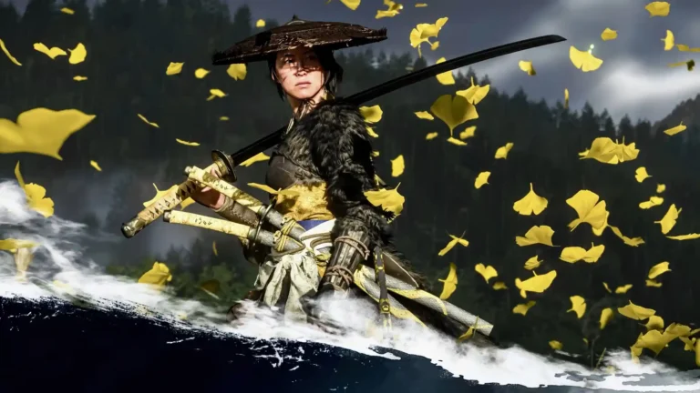 Atsu from Ghost of Yotei as a samurai warrior with katanas surrounded by golden leaves and a dark forest wallpaper.