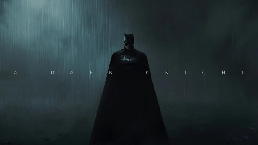 Batman standing in deep shadows with a flowing black cape, dark blue atmospheric lighting, and A Dark Knight typography wallpaper.