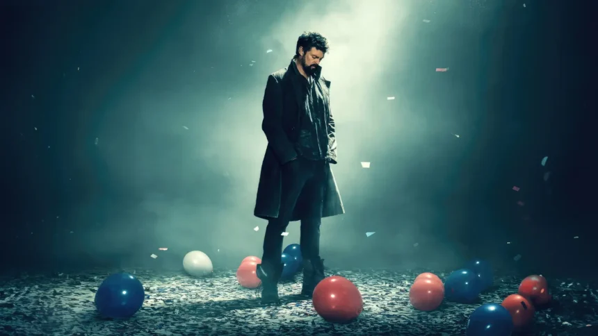 Billy Butcher from The Boys standing in a dark cinematic scene with balloons and dramatic lighting UHD wallpaper