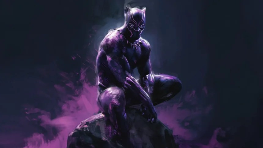 Black Panther crouching in his iconic vibranium suit surrounded by glowing dark purple energy and shadows wallpaper.