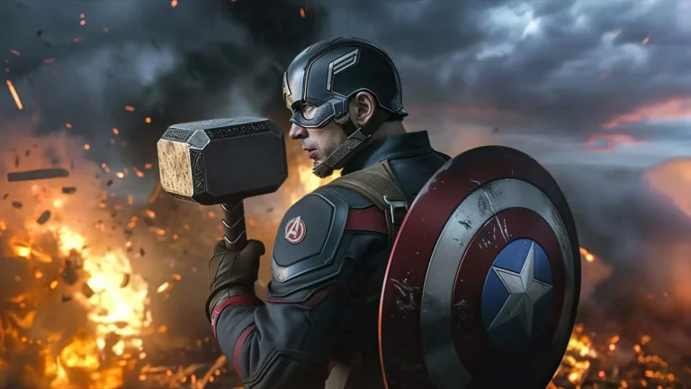 Captain America wielding Mjolnir with his shield on a fiery Avengers Endgame battlefield UHD wallpaper