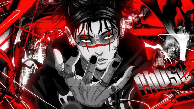Choso from Jujutsu Kaisen with his iconic face markings and hand pose surrounded by intense red and black abstract artwork wallpaper.